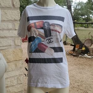 White Graphic T-Shirt with Fashion Pills Designer Logos Small Hermes Gucci YSL